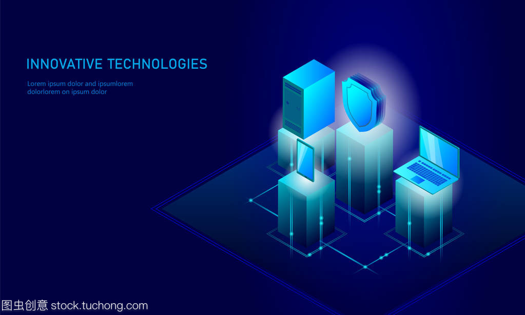 等距互聯網安全盾的經營理念。藍色發光等距個人信息數據連接 pc 智能手機未來技術。3d 圖表矢量圖
